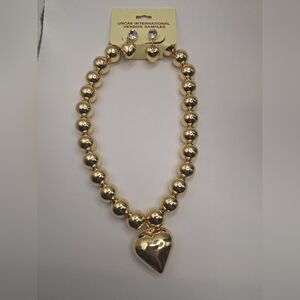 Gold Tone Beaded Heart Pendant Necklace & Crystal Stud Earrings – Boutique Style